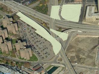 The areas currently impacted by Skyway ramps that would be opened to development if the road was removed.