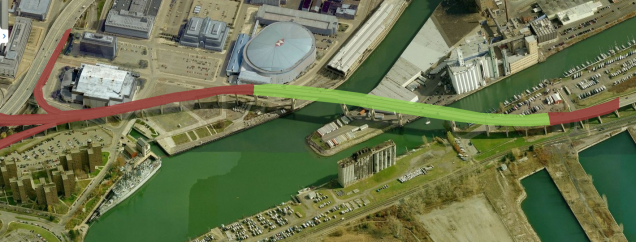 The green area would remain as the Skyway Park while the red sections would be removed to free up development.